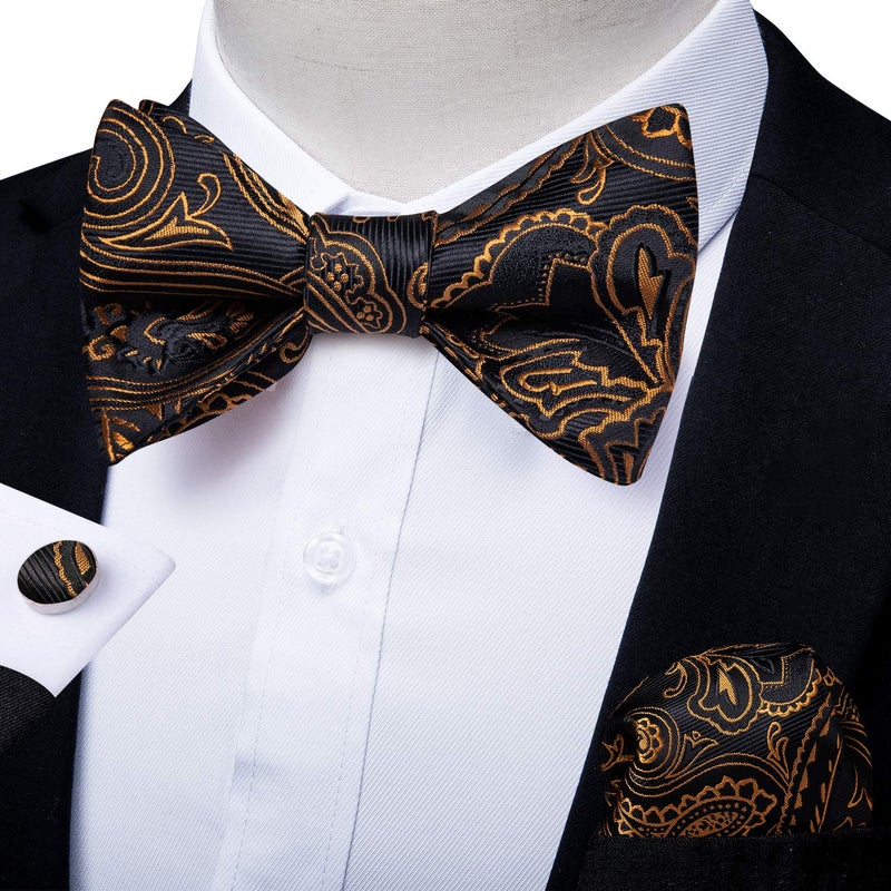 DiBanGu Mens Silk Self Bow Ties,Woven Solid Striped Paisley Bowtie and Pocket Square Cufflinks Set for Men Tuxedo Wedding, Gold and Black - Image 2